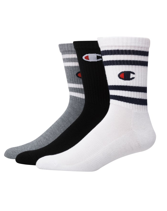 Champion Mens Socks NZ - Crew C Logo 3-Pairs White/Black/Grey ( 5617-TAJNU )